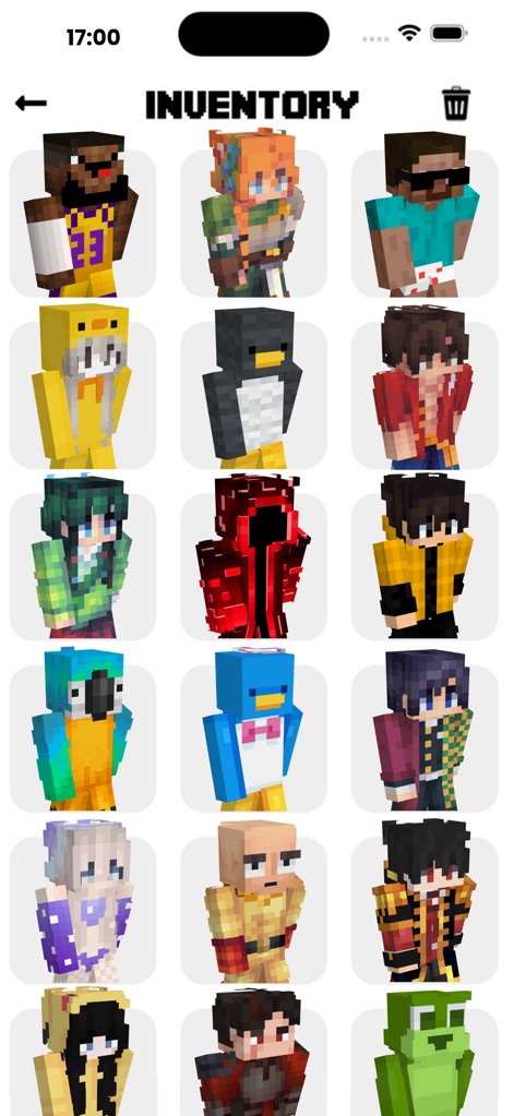 SkinCraft- Skins for Minecraft - Les utilisateurs peuvent visualiser l'intégralité de leurs skins personnalisés et gérer leur collection, incluant une option pour supprimer les éléments indésirables en toute simplicité.