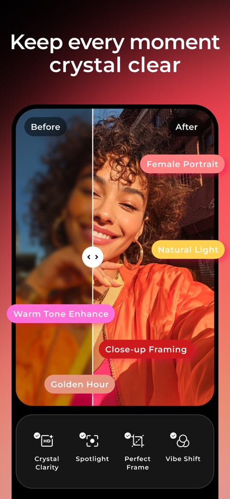WayShot: AI Cam & Photo Editor - Witness the app's powerful enhancements through a clear before-and-after split, highlighting features like 'Warm Tone Enhance' and 'Crystal Clarity' for perfected moments.