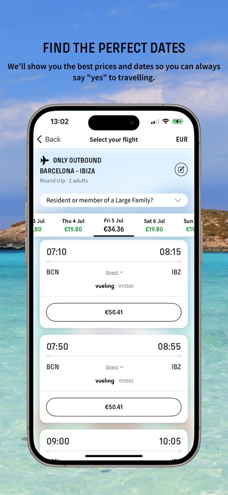 Vueling Airlines-Cheap Flights - L'application affiche une sélection optimisée de vols avec des prix clairs pour chaque date et des horaires de vol détaillés, permettant une comparaison rapide et éclairée des options.