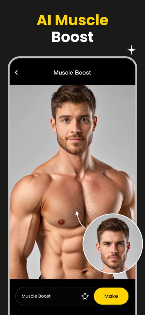 AI Movie Generator - KakaPic - ユーザーの顔写真からAIが筋肉質な体型を生成し、元の顔と強調された筋肉の体を視覚的に比較できます。