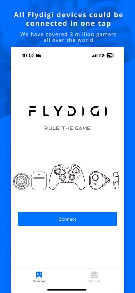 Flydigi Game Center - This central screen invites users to connect their Flydigi devices, showcasing a variety of peripheral illustrations and a prominent "Connect" button.