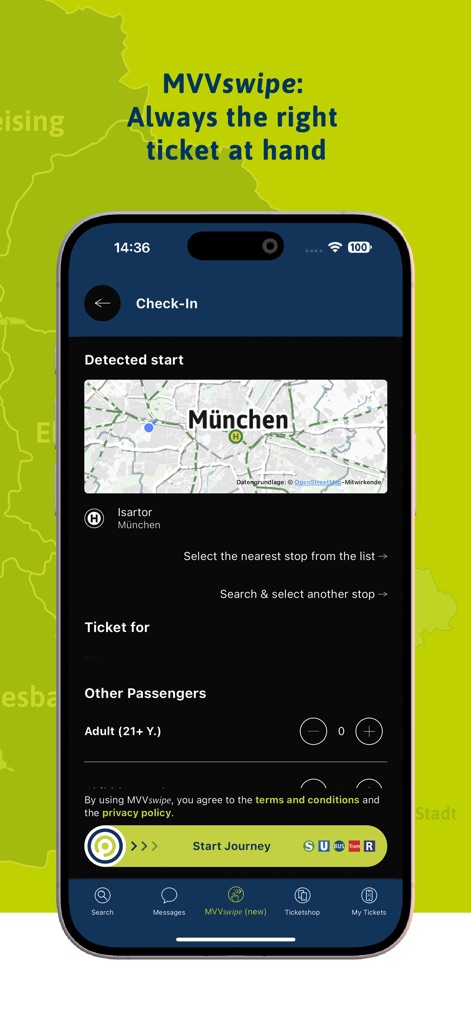 MVV-App - La funcionalidad MVVswipe simplifica la compra de boletos mediante un mapa interactivo para la detección del punto de partida y selectores para añadir "Other Passengers", agilizando el proceso.