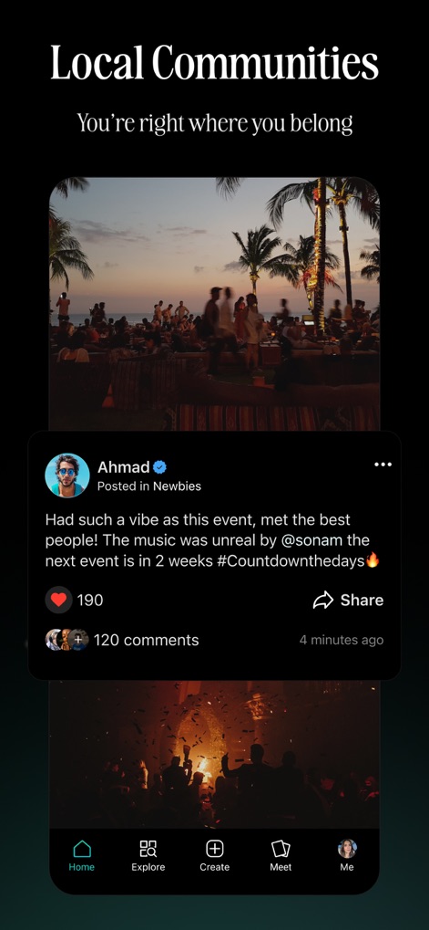 Belong - Meet New People - Users can engage with community content through detailed posts like Ahmad's, featuring event descriptions and comment sections, all set against vibrant background images of social gatherings.