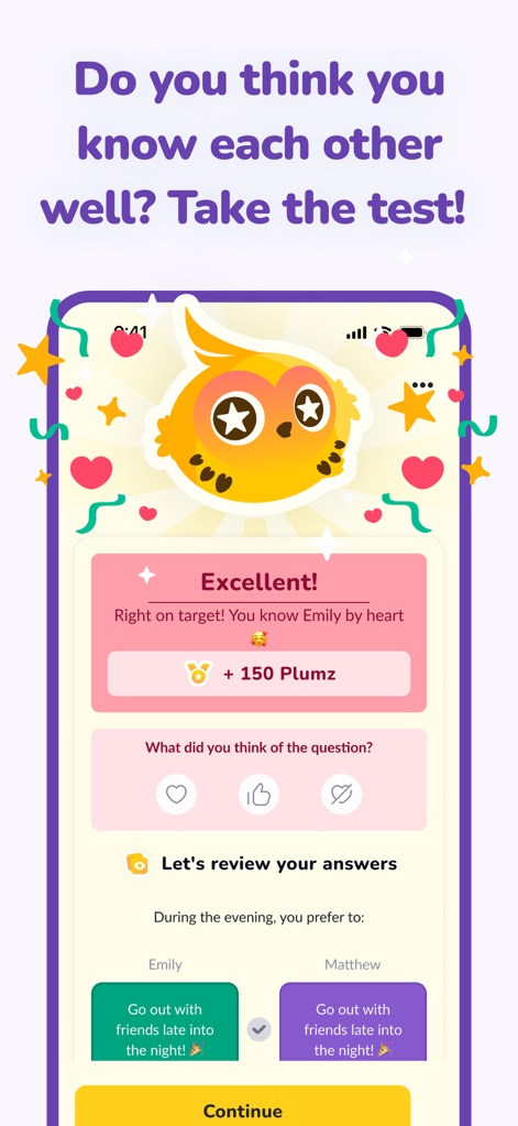 LovBirdz - Couple Love Quiz - 「完璧！」という評価表示とPlumz獲得システムを通じて、パートナーとの相性を確認し、ゲームの達成感を得ることができます。