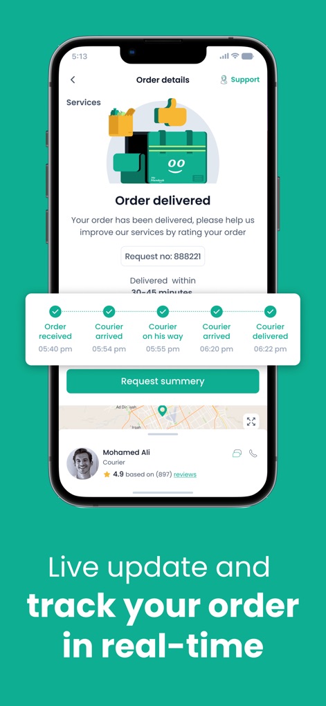 Mr Mandoob | Anything Delivery - Los usuarios pueden monitorear el estado de sus pedidos en tiempo real, desde que el "Pedido es recibido" hasta que el "Repartidor ha entregado", y ver los detalles del repartidor con su "Calificación de 4.9".