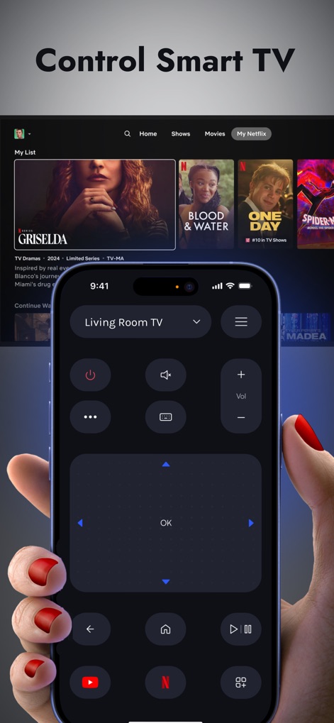 Universal TV Remote Control . - Users can see the ergonomic remote interface designed for comfort and precision, enabling full control over smart TV apps like Netflix.