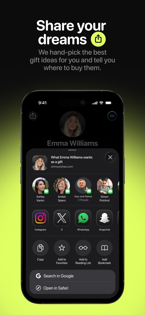 Ohmywishes: Wishlists & Gifts - The app integrates a convenient share sheet, enabling users to easily share wishlists via various platforms like Instagram and WhatsApp.