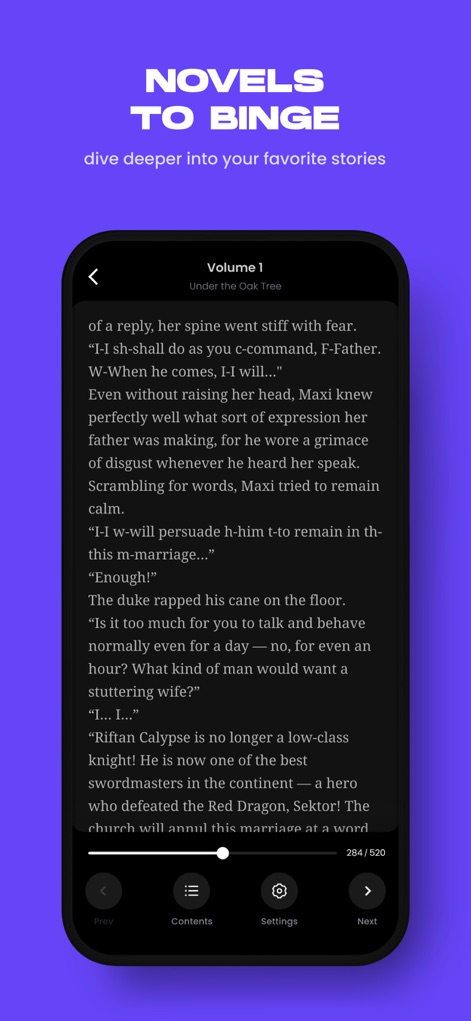 Manta - Manhwa, Comics, Novels - Explore the app's dedicated novel reader, showcasing the text from "Under the Oak Tree" and intuitive navigation controls for seamless chapter progression.