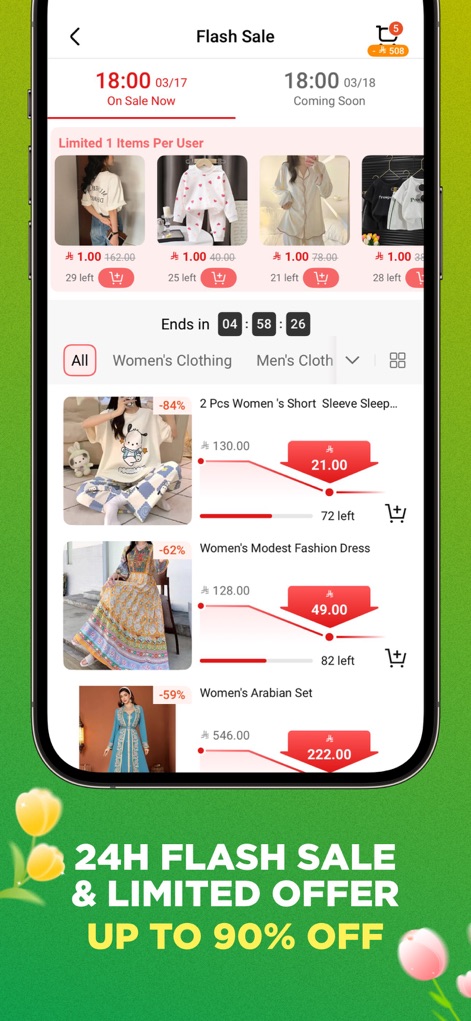 Chicpoint - Fashion shopping - La schermata mostra una '24H FLASH SALE & LIMITED OFFER' che crea urgenza, con un conto alla rovescia ben visibile ('Ends in 04:58:26') per non perdere le promozioni a tempo.
