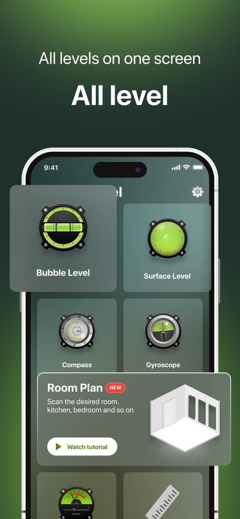 Bubble Level for iPhone - La aplicación centraliza múltiples funcionalidades, presentando una interfaz clara con iconos distintivos para el nivel de burbuja clásico y la opción de planificar habitaciones.