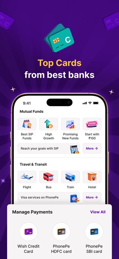 PhonePe: Secure Payments App - L'application propose des cartes de crédit des meilleures banques et intègre des services de réservation pour les voyages et les transports, incluant les vols et les hôtels. 