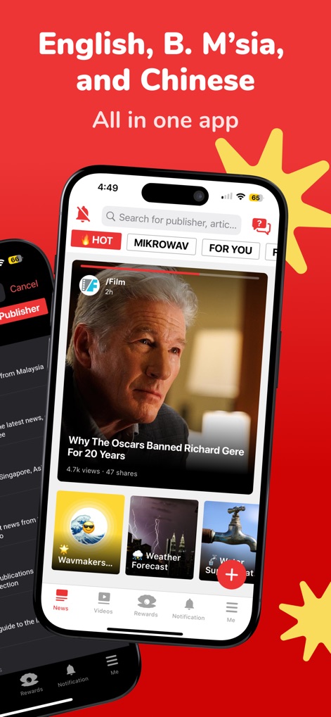 Newswav - Latest Malaysia News - Users can access content in English, Malay, and Chinese, while navigating through personalized and trending feeds like "HOT" and "FOR YOU."