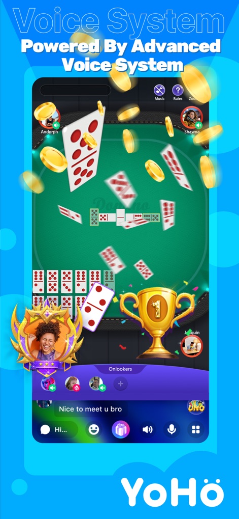 YoHo - Group Voice Chat - Experience crystal-clear voice communication during competitive games like Dominoes, complemented by engaging virtual gifts like falling coins and a winner's trophy.