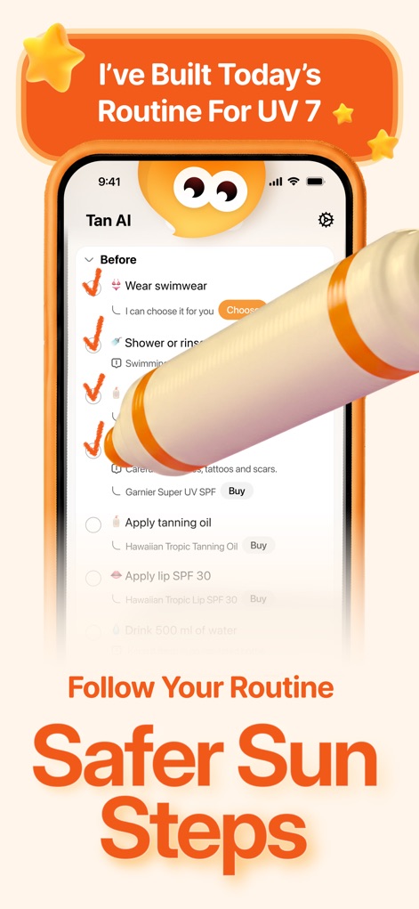 Tan AI: Tanning app - See how the app generates a customized tanning checklist, presenting "Safer Sun Steps" and adapting the routine based on the current "UV 7" index.