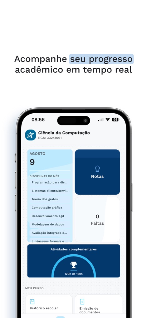 Duda - Monitor academic performance effortlessly, with a detailed monthly subject list and a real-time progress bar for complementary activities.