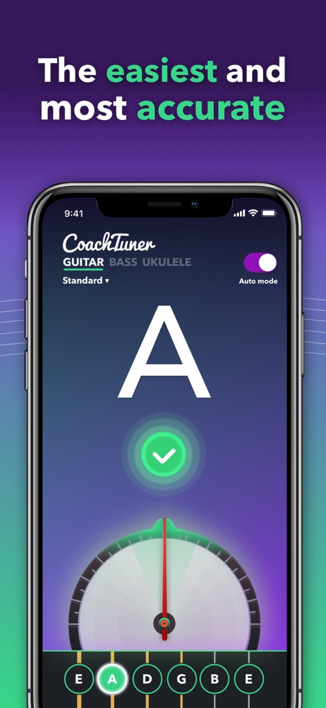 Guitar Tuner Easy tune chords - See how the app's intuitive tuning needle and clear note display guide users to perfect pitch, supported by individual string indicators.