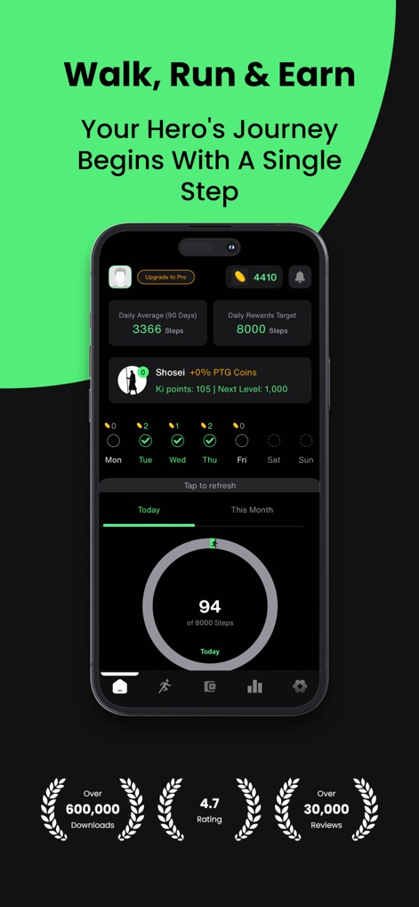 PaidToGo - Walk & Earn Cash - Die App präsentiert eine klare Übersicht des täglichen Schrittziels und zeigt die kumulierten PTG-Münzen an, die Nutzer bereits gesammelt haben.