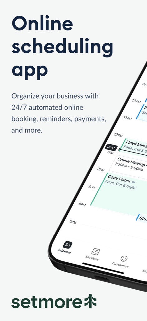Setmore Appointment Scheduling - This app offers an at-a-glance calendar view, showcasing scheduled appointments, and easy navigation via its intuitive bottom bar to access services and customer details.
