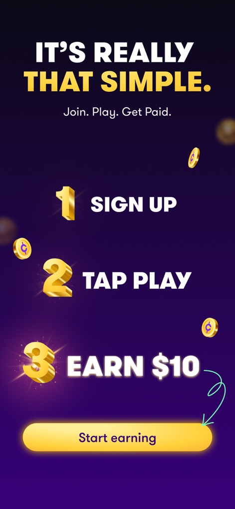 Copper: Earn Cash - Esta tela detalha a facilidade de uso do aplicativo, apresentando os três passos claros para começar a ganhar: 'Sign Up' e 'Tap Play', prometendo uma experiência sem complicações.