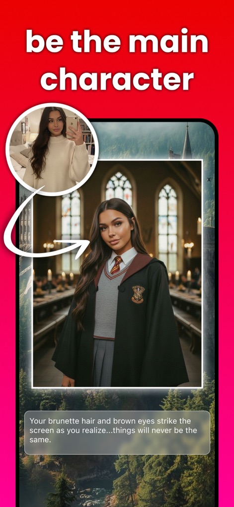 simmy - be the main character - See how the app integrates a user's selfie into a character's persona and places them directly into a fantasy setting, transforming their appearance with an iconic uniform and reflecting their unique features in narrative text.