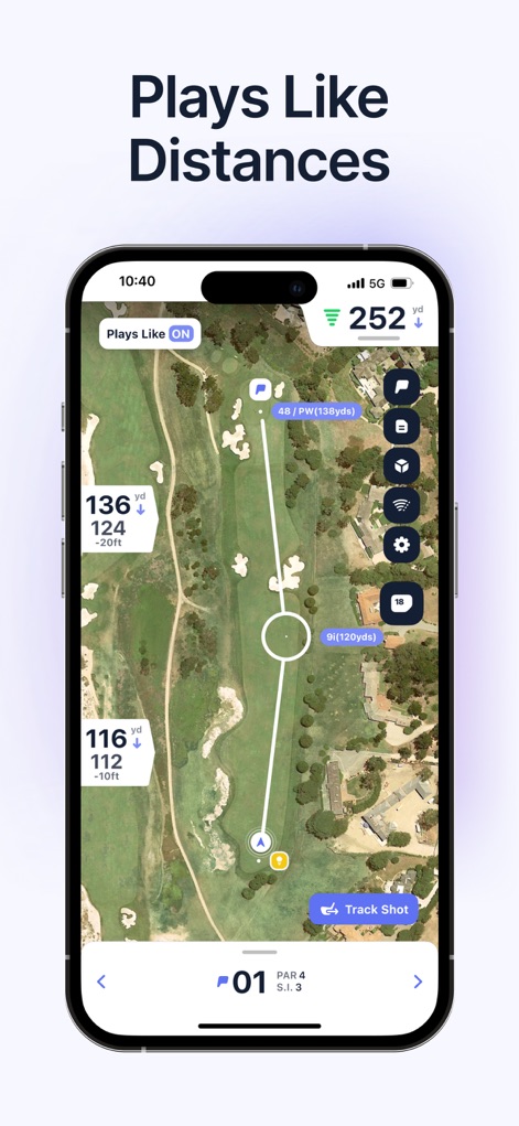 Hole19: Golf GPS Range Finder - The "Plays Like" function intelligently adjusts distances for elevation changes, displaying both actual yardage and compensated yardage directly on the course map.