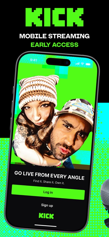 KICK - Go Live App Store screenshot 1, headline “MOBILE STREAMING”. Pattern or texture.