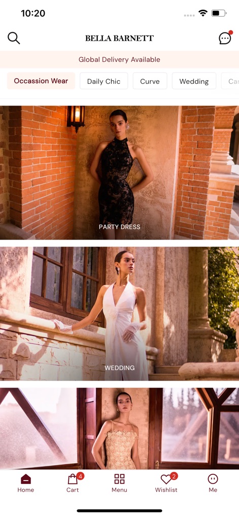 Bella Barnett - 이 앱은 '파티 드레스' 및 '웨딩'과 같은 명확한 라벨과 함께 고품질의 전체 화면 이미지를 통해 다양한 의류 스타일을 효과적으로 보여줍니다.