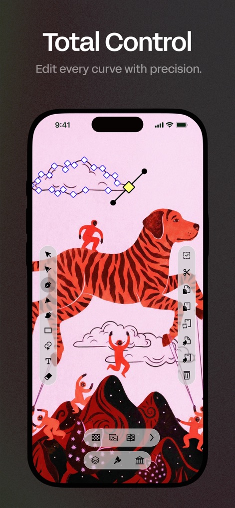 Linearity Curve Graphic Design - 사용자는 이 도구를 통해 벡터 일러스트레이션의 복잡한 베지어 곡선 노드를 정밀하게 조정하고, 화면 하단과 우측에 배열된 다양한 편집 도구로 디자인의 모든 요소를 완벽하게 제어할 수 있습니다.