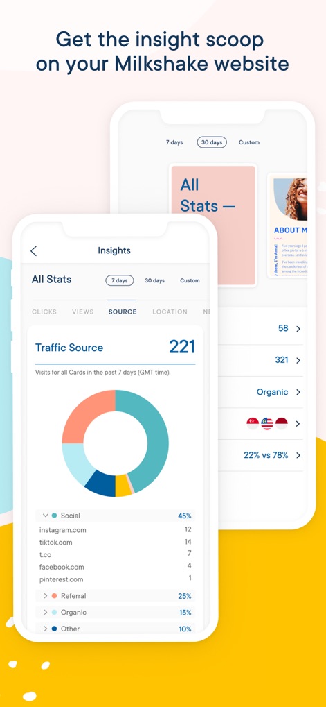 Milkshake — Website Builder - Gain valuable insights into website performance through the comprehensive 'Insights' dashboard, featuring a detailed traffic source breakdown via a pie chart and real-time visitor metrics.