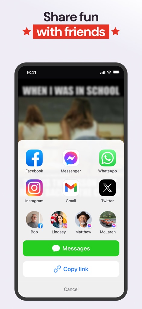 ABPV－America’s best pics, vids - Los usuarios pueden difundir fácilmente el humor con amigos a través de múltiples opciones, incluyendo iconos de redes sociales como Facebook e Instagram, o seleccionando contactos específicos de su lista.