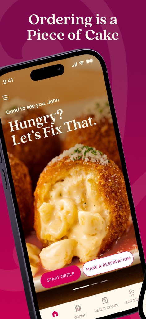 The Cheesecake Factory - The app offers an intuitive homepage with a prominent "START ORDER" button and a clear bottom navigation bar for seamless user interaction.