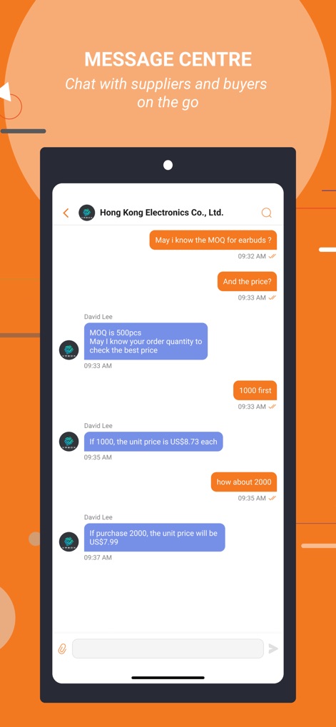 HKTDC Marketplace - Il centro messaggi permette agli utenti di chattare direttamente con fornitori come "Hong Kong Electronics Co., Ltd." e discutere dettagli sui prodotti come il "MOQ".