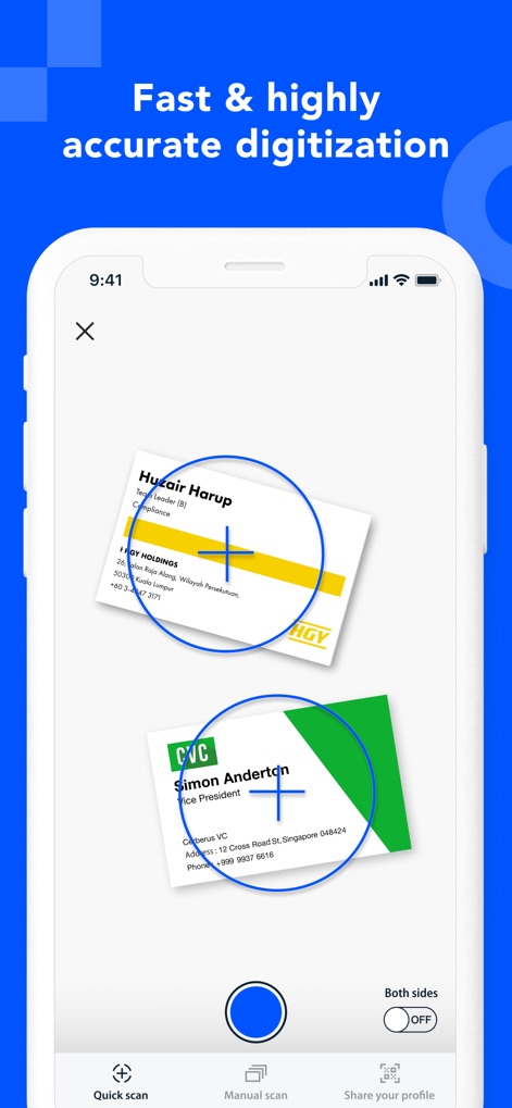 Eight: Business Card Manager - Experience rapid and accurate digitization as the app processes multiple business cards simultaneously, offering a toggle for both sides of the card.