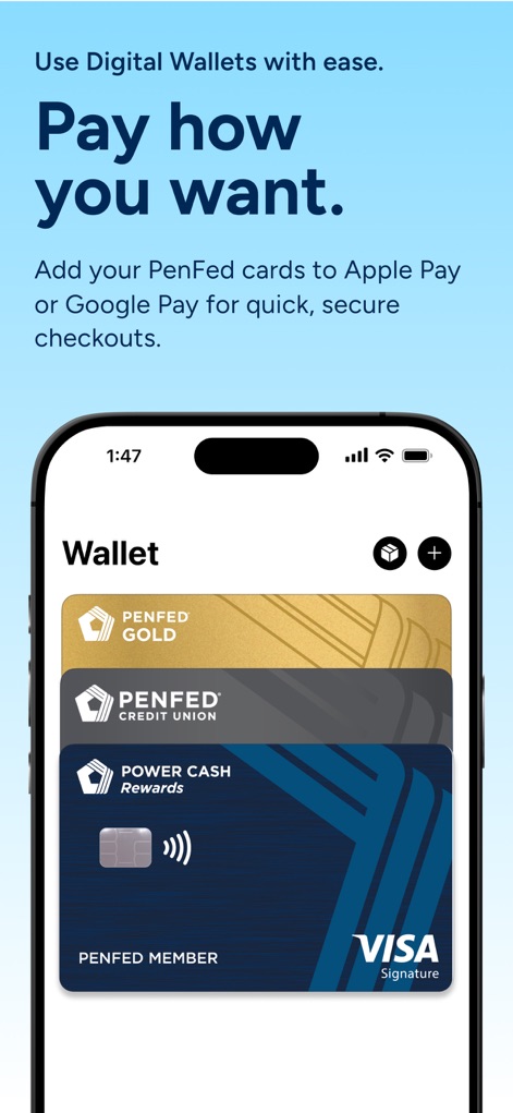 PenFed Mobile - Die "Wallet"-Funktion der App zeigt alle hinzugefügten "PenFed Gold" und "PenFed Power Cash Rewards"-Karten übersichtlich an, bereit für die Nutzung in digitalen Zahlungssystemen.