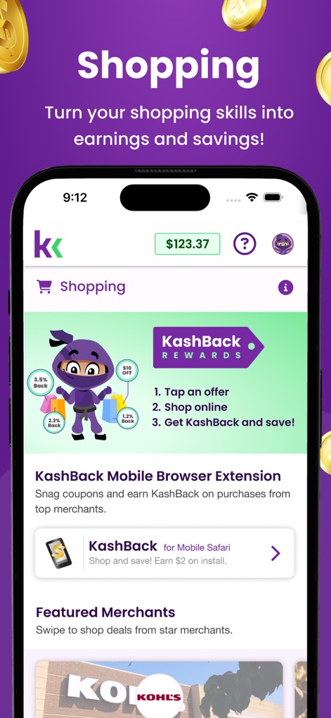 KashKick: Get paid to have fun - Witness the dedicated shopping interface, featuring the clear "KashBack REWARDS" explanation and a selection of "Featured Merchants" like Kohl's.