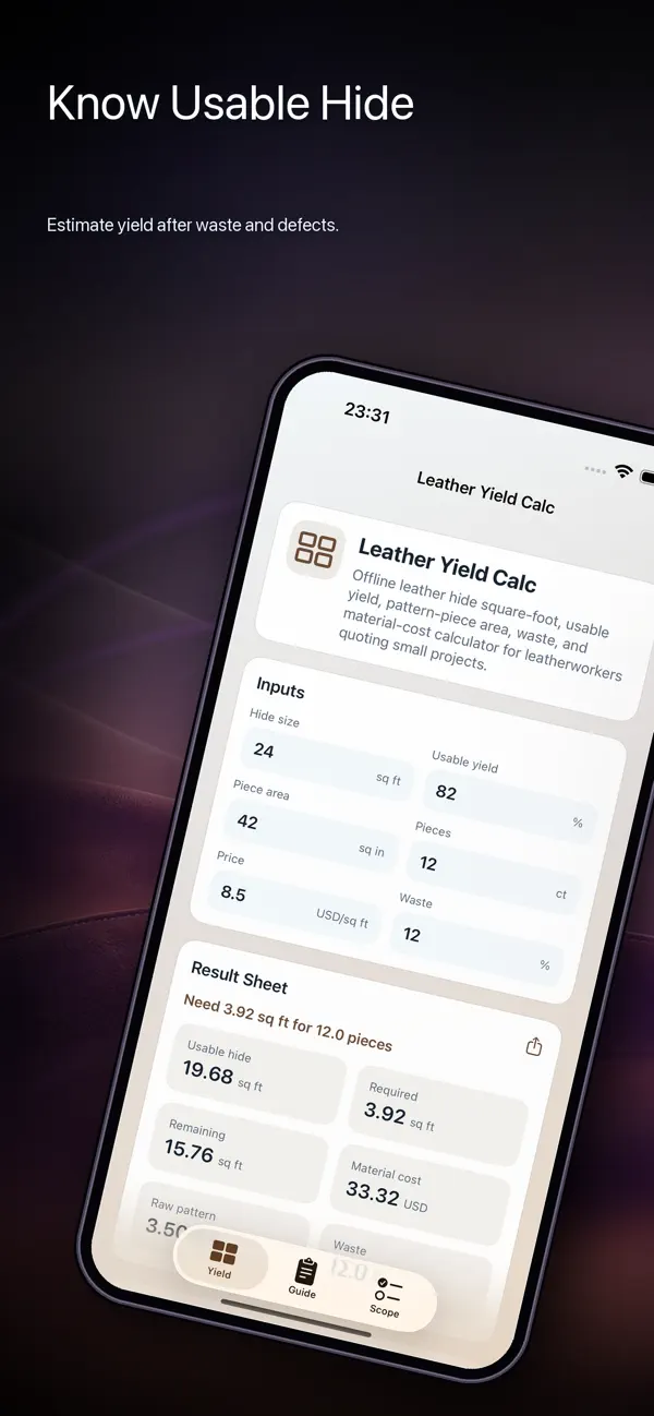 Screenshot #1 pour Leather Yield Calc