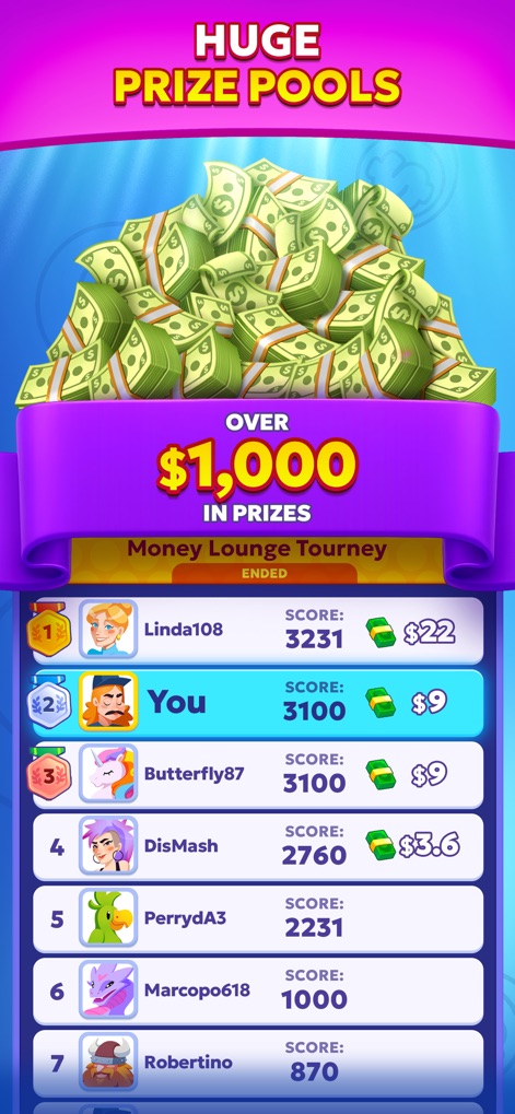 Bingo Billions: Win Real Cash! - This screen highlights the impressive cash prize pools available and the detailed leaderboard showcasing player scores and winnings.