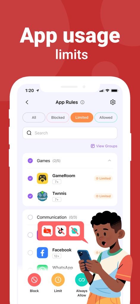 FamiSafe: Parental Control App - Los usuarios pueden definir "App Rules" específicas para categorías como "Games", seleccionando entre "Block", "Limit" o "Allow" para cada aplicación.