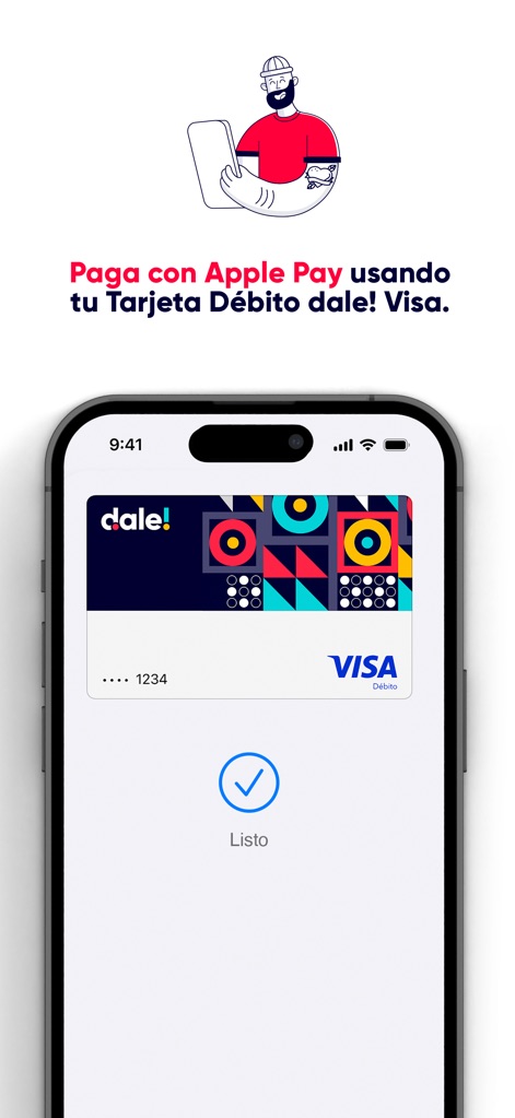 dale! Colombia - Users can effortlessly integrate their dale! Visa debit card with Apple Pay, demonstrating a smooth transaction flow confirmed by the 'Listo' message.