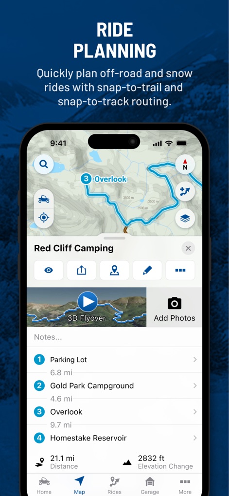 Polaris® - 사용자는 이 앱에서 주차장, 캠핑장, 전망대 등 다양한 경유지를 포함하여 라이딩 경로를 세밀하게 계획할 수 있으며, 전체 이동 거리와 예상 고도 변화를 미리 확인할 수 있습니다.