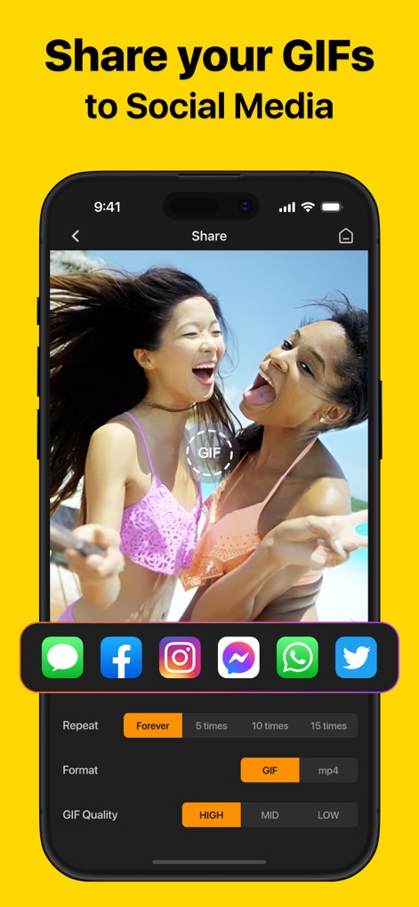 GIF Maker - Memes & GIFs - A tela de compartilhamento permite que os usuários enviem seus GIFs diretamente para "Instagram" e "WhatsApp", com opções para ajustar a "GIF Quality" e o número de "Repeat".