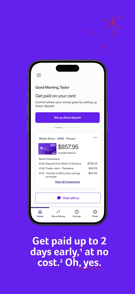 myWisely: Mobile Banking - This screen highlights the seamless direct deposit setup and the clear display of available balance, empowering users with early wage access.
