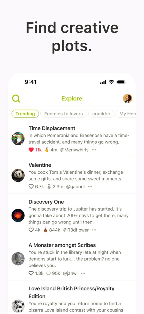 Y/n - Readers can effortlessly navigate a vast library of content using the dynamic 'Explore' tab and identify popular narratives through detailed story listings that show engagement.