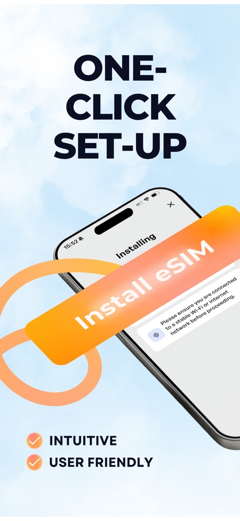 HUBBY eSIM - This view demonstrates the app's streamlined activation process, featuring a prominent 'Install eSIM' button and helpful installation prompts for a smooth setup.
