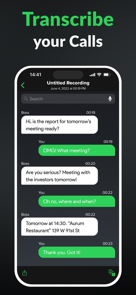 Call Recorder for iPhone. - The app's advanced voice-to-text functionality is on display, showing conversations transformed into chat-like transcription bubbles complete with precise timestamps for each spoken word.