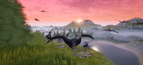 The Cursed Dinosaur Isle Games - Marvel at the majestic flying reptiles soaring above and resting on cliffs, highlighted against the app's stunning, vibrant sunset visuals.