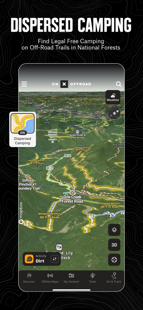 onX Offroad: Trail Maps & GPS - This tool helps users locate legal dispersed camping spots within National Forests, displaying relevant map layers and boundary information.