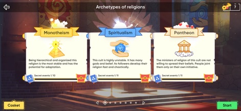 Religion inc. God Simulator - 이 스크린샷은 플레이어가 게임 시작 시 선택할 수 있는 다양한 종교 유형을 제시합니다. '유일신교', '영성주의', '다신교'와 같은 주요 아키타입과 각 유형별 설명 및 고유한 아이콘을 통해, 사용자는 자신의 플레이 스타일에 맞는 종교의 기반을 다질 수 있습니다.