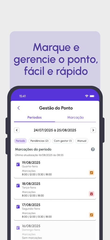 wiipo - Os usuários podem facilmente gerenciar suas marcações de ponto, visualizando o período atual e as marcações diárias detalhadas na interface.