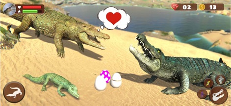 Wild Crocodile Family Sim - La imagen resalta la mecánica de crianza, presentando a dos cocodrilos adultos interactuando con un emotivo globo de corazón sobre sus cabezas, junto a sus crías y huevos moteados en la arena, lo que enfatiza el aspecto de construcción familiar del juego.